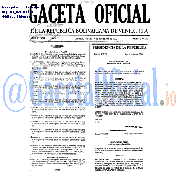 Gaceta Oficial 37843 del 19 Diciembre 2003
