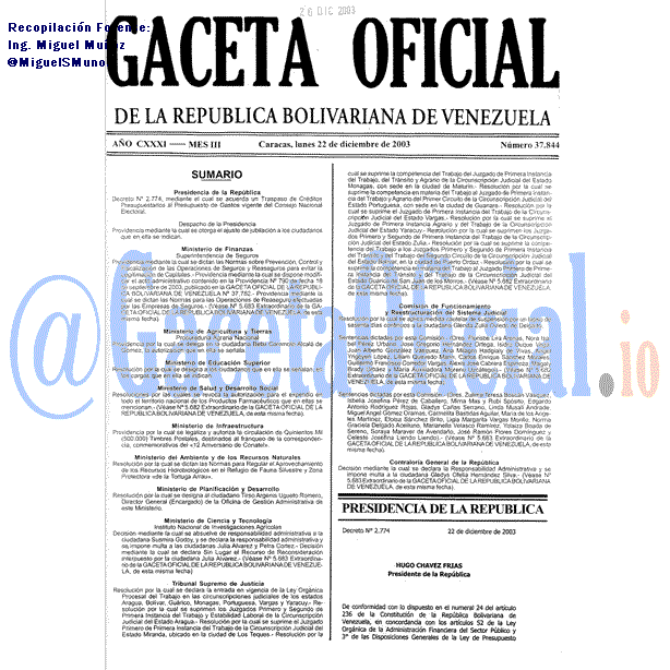 Gaceta Oficial 37844 del 22 Diciembre 2003