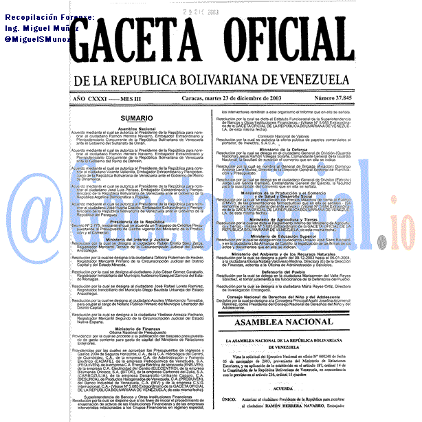Gaceta Oficial 37845 del 23 Diciembre 2003