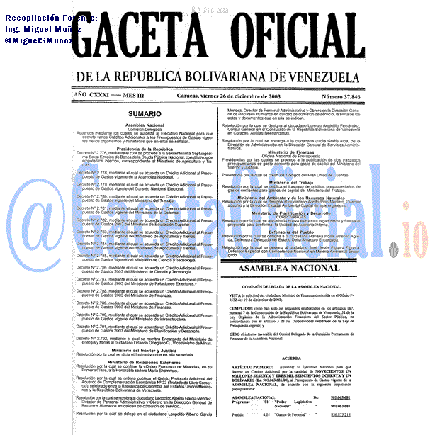 Gaceta Oficial 37846 del 26 Diciembre 2003