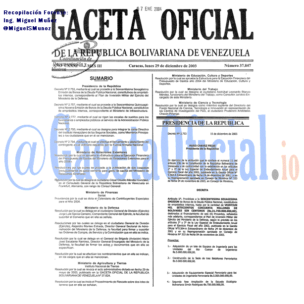 Gaceta Oficial 37847 del 29 Diciembre 2003