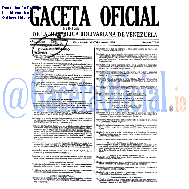 Gaceta Oficial 37852 del 7 Enero 2004