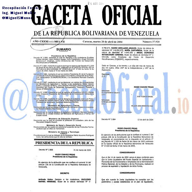 Gaceta Oficial 37920 del 20 Abril 2004