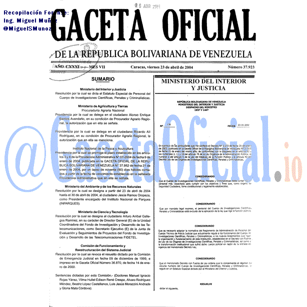 Gaceta Oficial 37923 del 23 Abril 2004