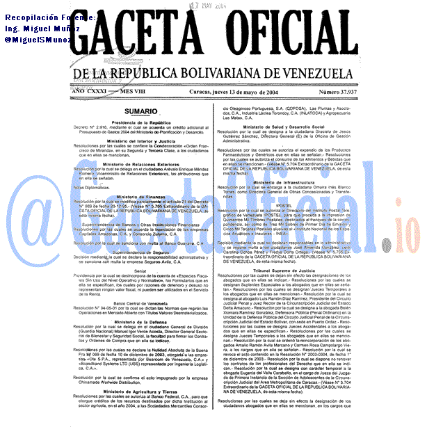Gaceta Oficial 37937 del 13 Mayo 2004