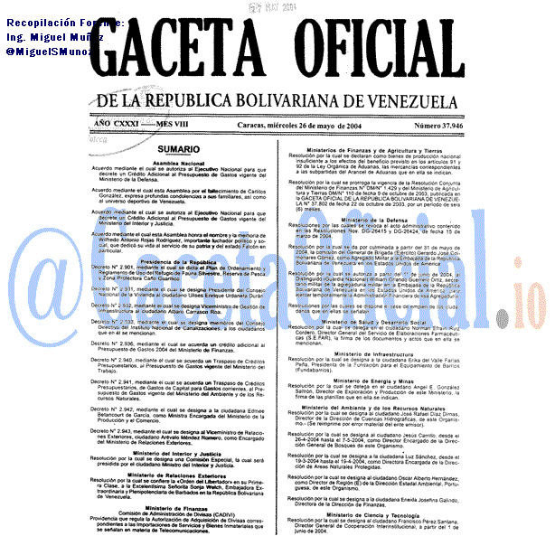 Gaceta Oficial 37946 del 26 Mayo 2004