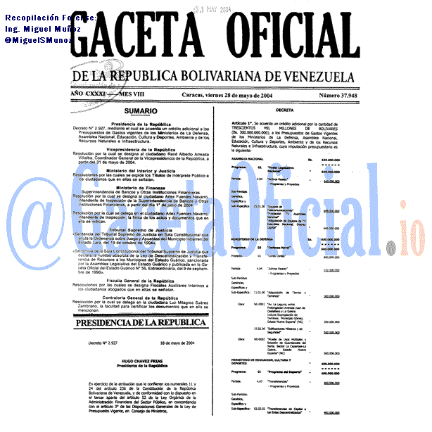 Gaceta Oficial 37948 del 28 Mayo 2004