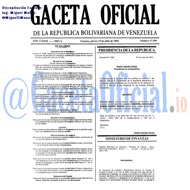 Gaceta Oficial 37980 del 15 Julio 2004