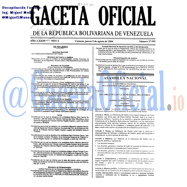Gaceta Oficial 37995 del 5 Agosto 2004