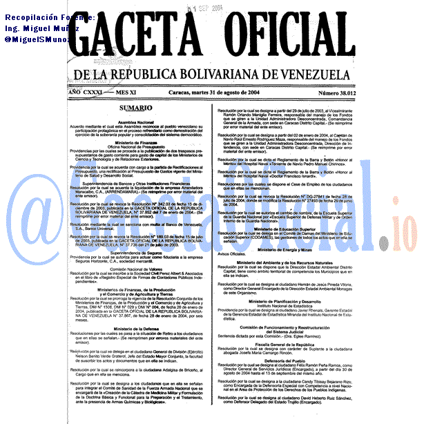 Gaceta Oficial 38012 del 31 Agosto 2004