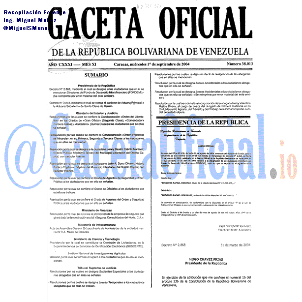 Gaceta Oficial 38013 del 1 Septiembre 2004