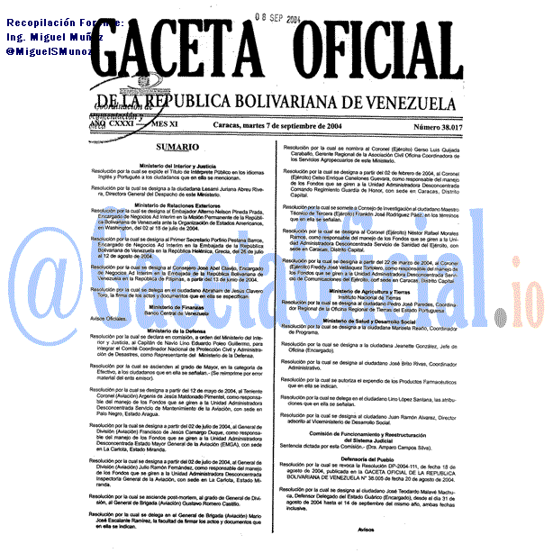 Gaceta Oficial 38017 del 7 Septiembre 2004