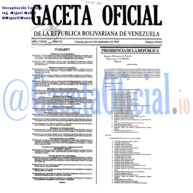 Gaceta Oficial 38019 del 9 Septiembre 2004