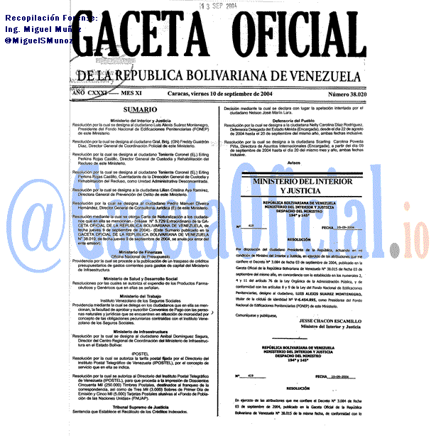 Gaceta Oficial 38020 del 10 Septiembre 2004