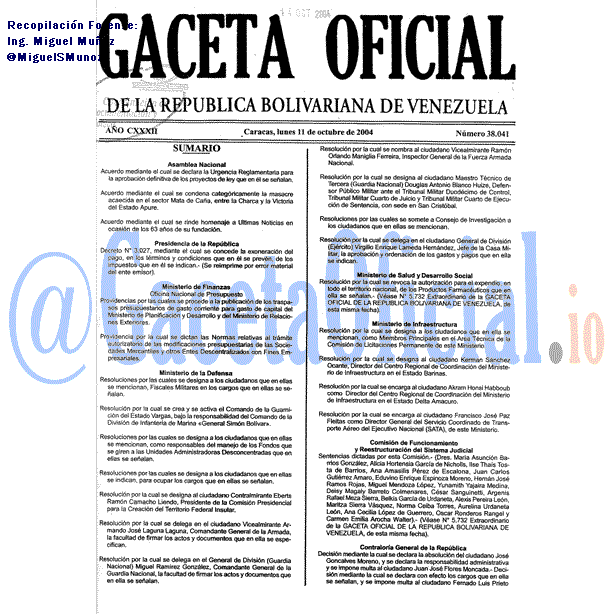 Gaceta Oficial 38041 del 11 Octubre 2004