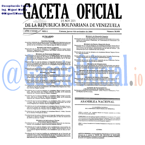 Gaceta Oficial 38058 del 4 Noviembre 2004