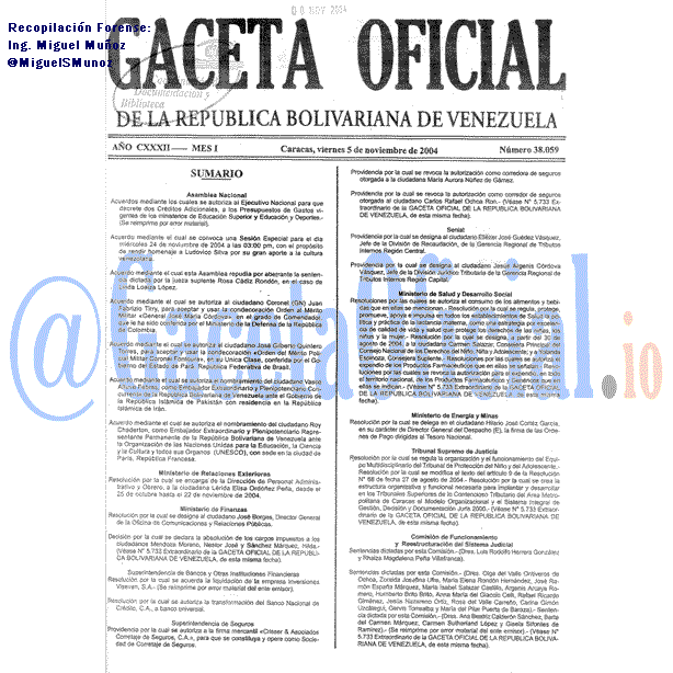 Gaceta Oficial 38059 del 5 Noviembre 2004
