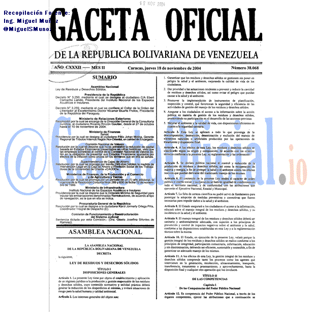 Gaceta Oficial 38068 del 18 Noviembre 2004