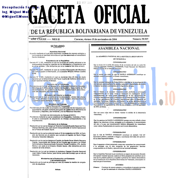 Gaceta Oficial 38069 del 19 Noviembre 2004