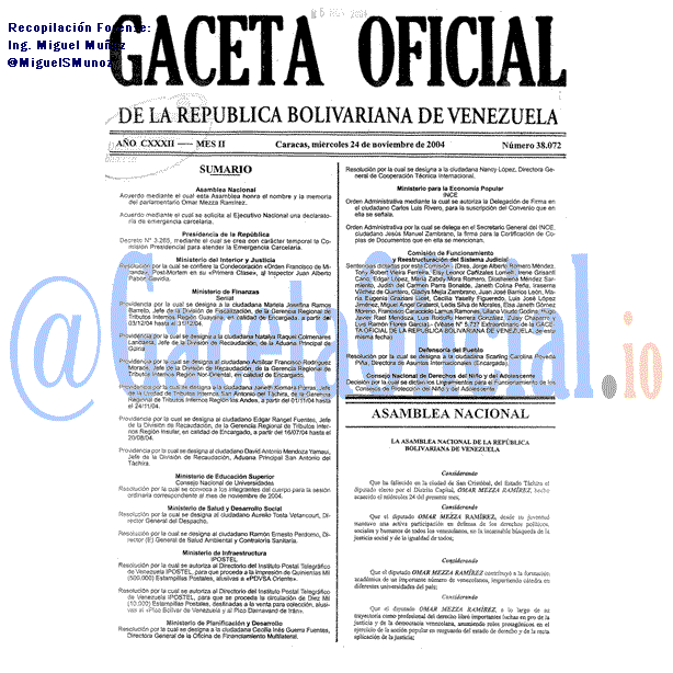Gaceta Oficial 38072 del 24 Noviembre 2004
