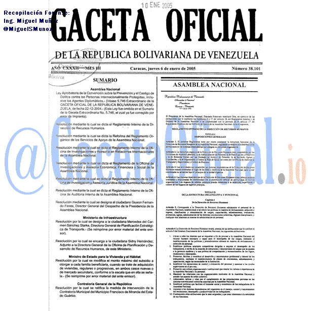 Gaceta Oficial 38101 del 6 Enero 2005