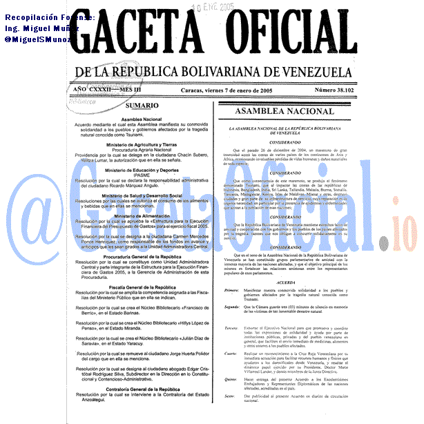 Gaceta Oficial 38102 del 7 Enero 2005
