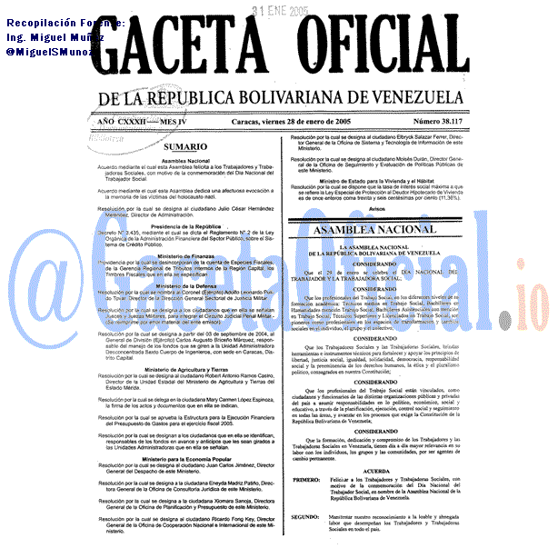 Gaceta Oficial 38117 del 28 Enero 2005