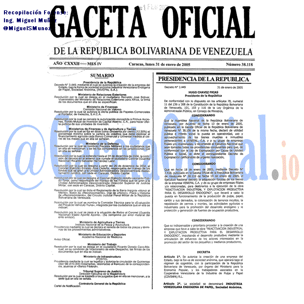 Gaceta Oficial 38118 del 31 Enero 2005