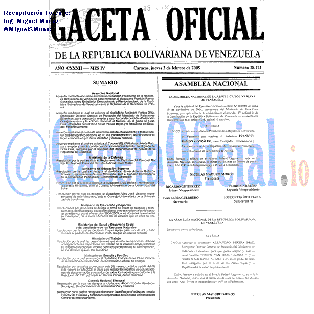 Gaceta Oficial 38121 del 3 Febrero 2005