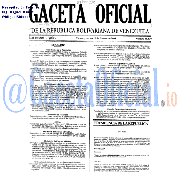 Gaceta Oficial 38130 del 18 Febrero 2005