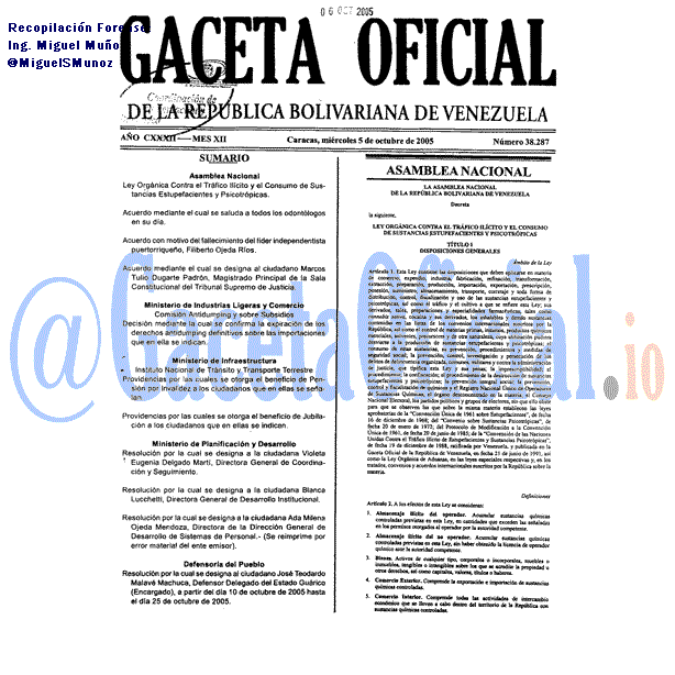 Gaceta Oficial 38287 del 5 Octubre 2005