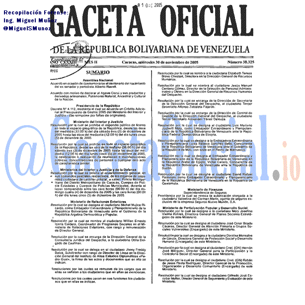 Gaceta Oficial 38325 del 30 Noviembre 2005