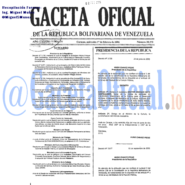 Gaceta Oficial 38370 del 1 Febrero 2006