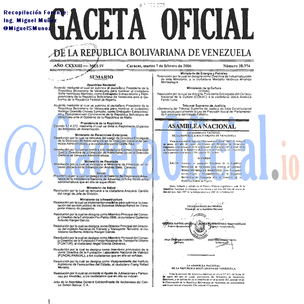 Gaceta Oficial 38374 del 7 Febrero 2006