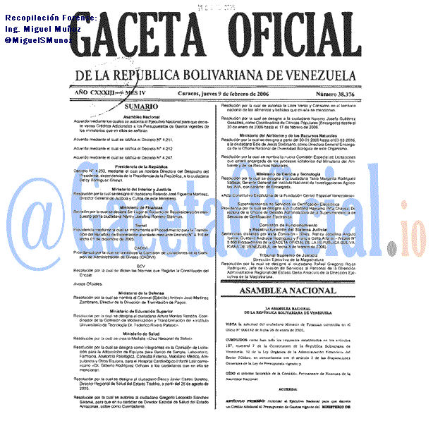 Gaceta Oficial 38376 del 9 Febrero 2006