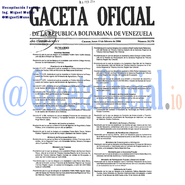 Gaceta Oficial 38378 del 13 Febrero 2006