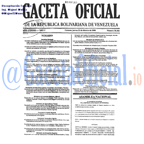 Gaceta Oficial 38386 del 23 Febrero 2006
