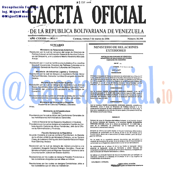 Gaceta Oficial 38390 del 3 Marzo 2006