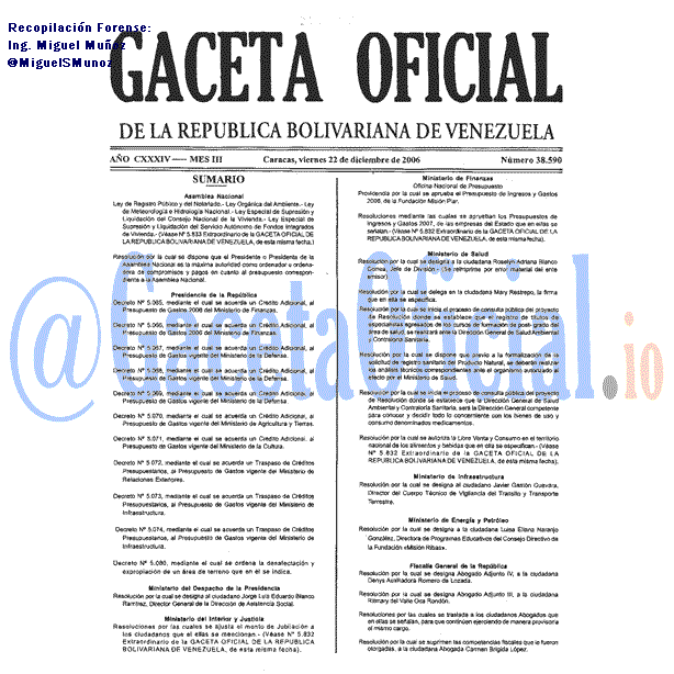 Gaceta Oficial 38590 del 22 Diciembre 2006