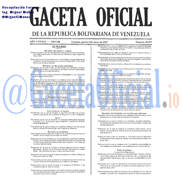Gaceta Oficial 38597 del 4 Enero 2007