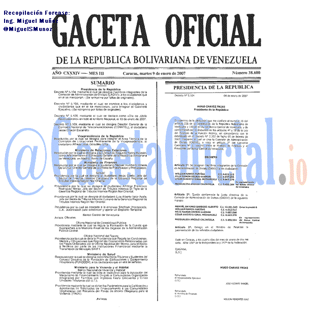 Gaceta Oficial 38600 del 9 Enero 2007