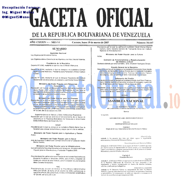 Gaceta Oficial de Venezuela #38647 del lunes 19 marzo 2007 Gaceta Oficial 38647 del 19 Marzo 2007