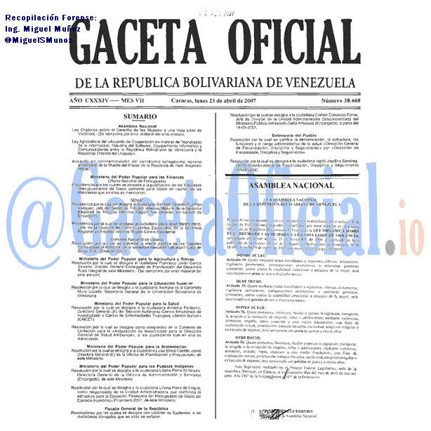 Gaceta Oficial 38668 del 23 Abril 2007