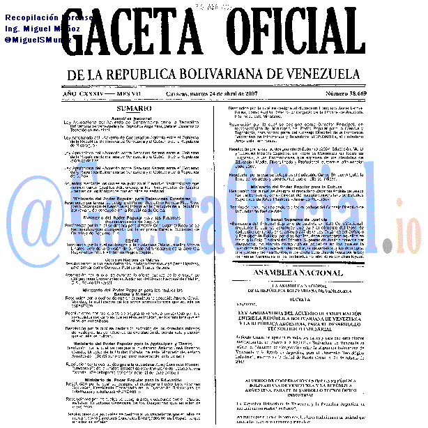 Gaceta Oficial 38669 del 24 Abril 2007