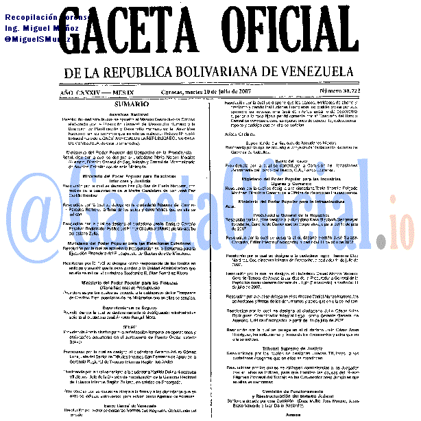 Gaceta Oficial 38722 del 10 Julio 2007