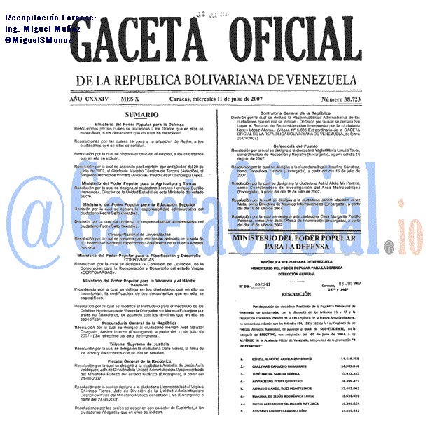 Gaceta Oficial 38723 del 11 Julio 2007