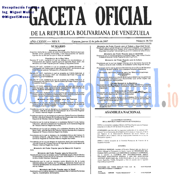 Gaceta Oficial 38724 del 12 Julio 2007