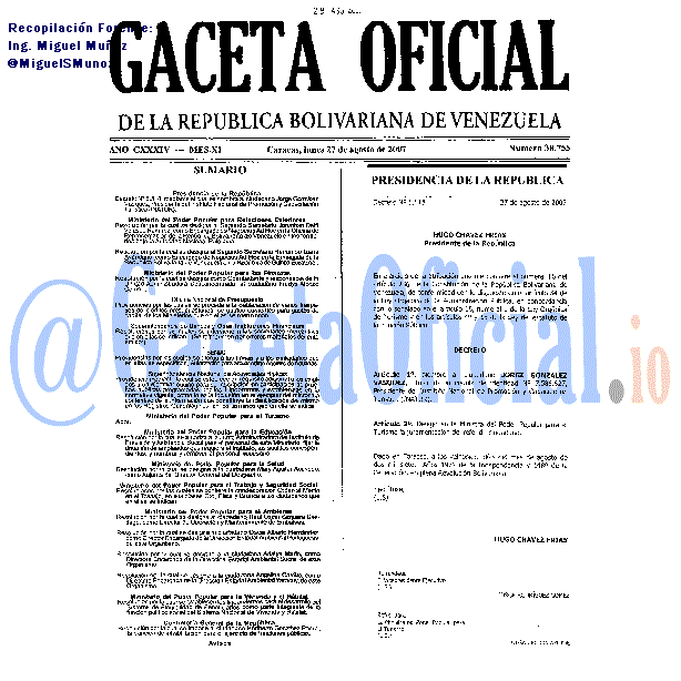 Gaceta Oficial 38755 del 27 Agosto 2007