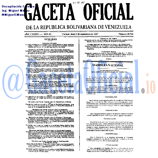 Gaceta Oficial 38760 del 3 Septiembre 2007
