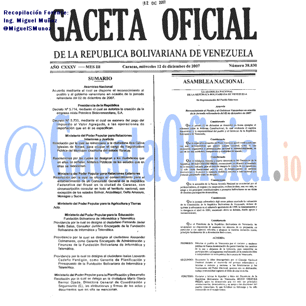 Gaceta Oficial 38830 del 12 Diciembre 2007